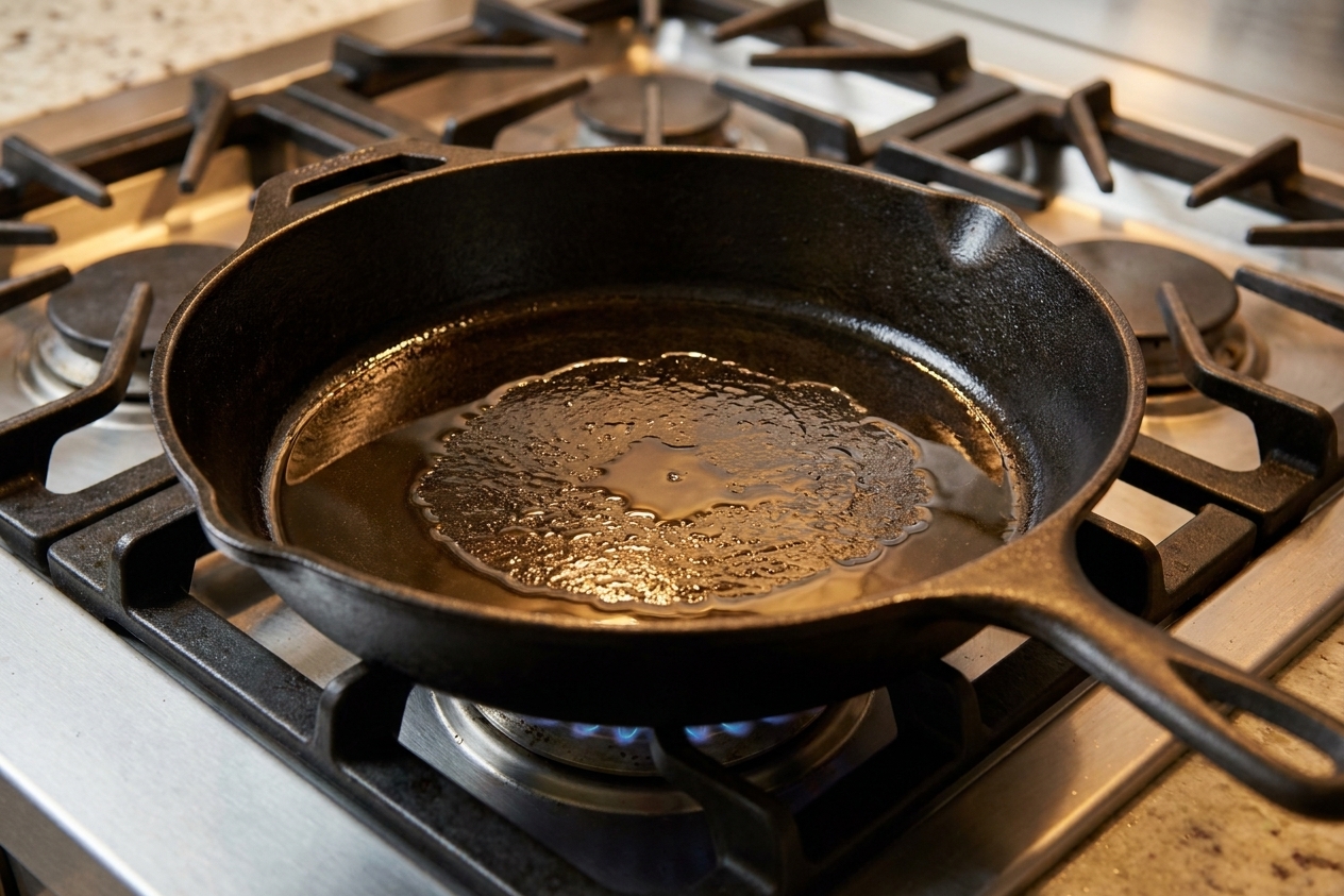 A cast iron skillet preheating on a stovetop burner with a light sheen of oil shimmering in the pan