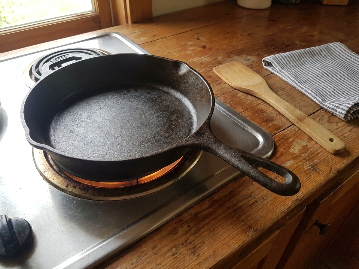 A cast iron skillet preheating on a stovetop burner with a wooden spatula nearby