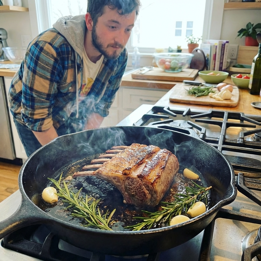 A cast iron skillet searing a rack of lamb with rosemary and garlic in the pan