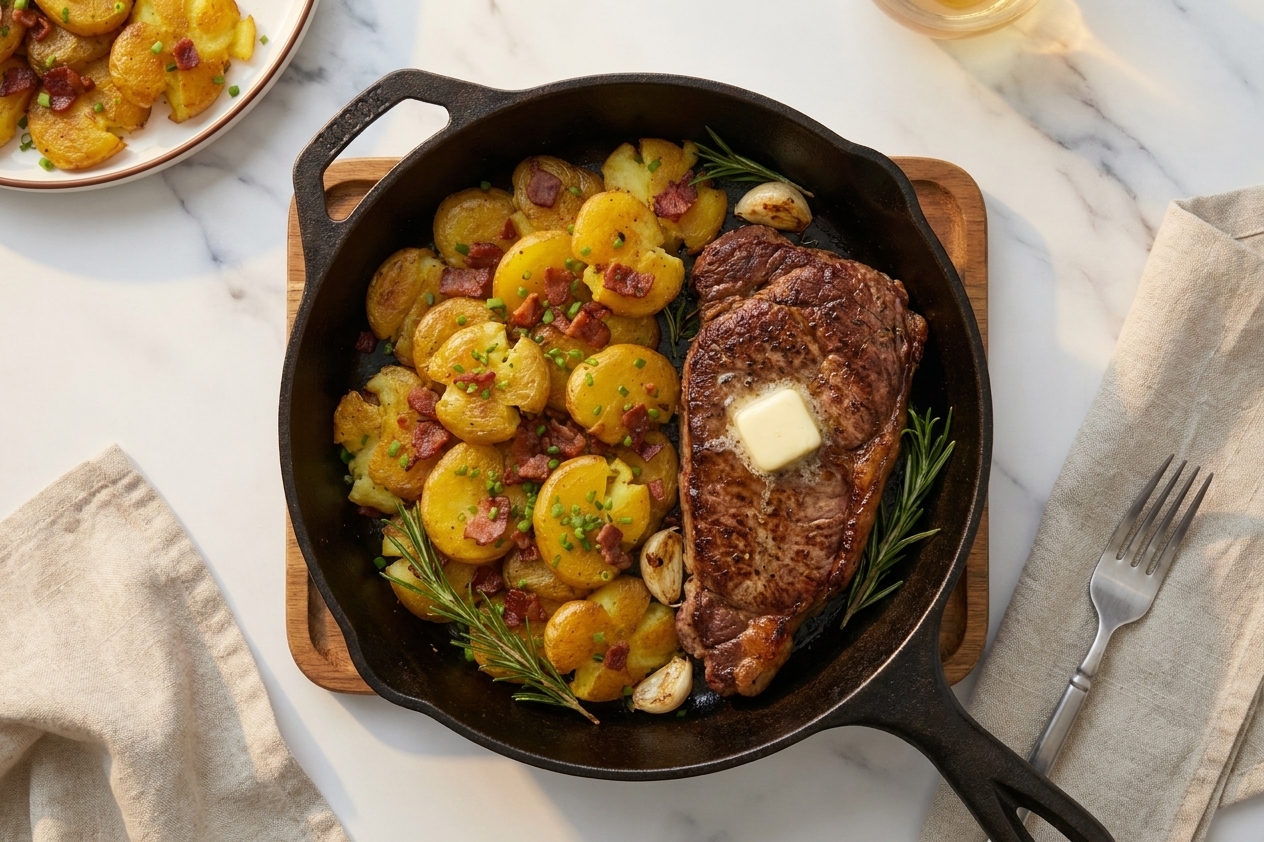 A cast iron skillet with a seared steak resting beside golden crispy potatoes, garlic cloves, and rosemary on a warm kitchen counter under soft evening light