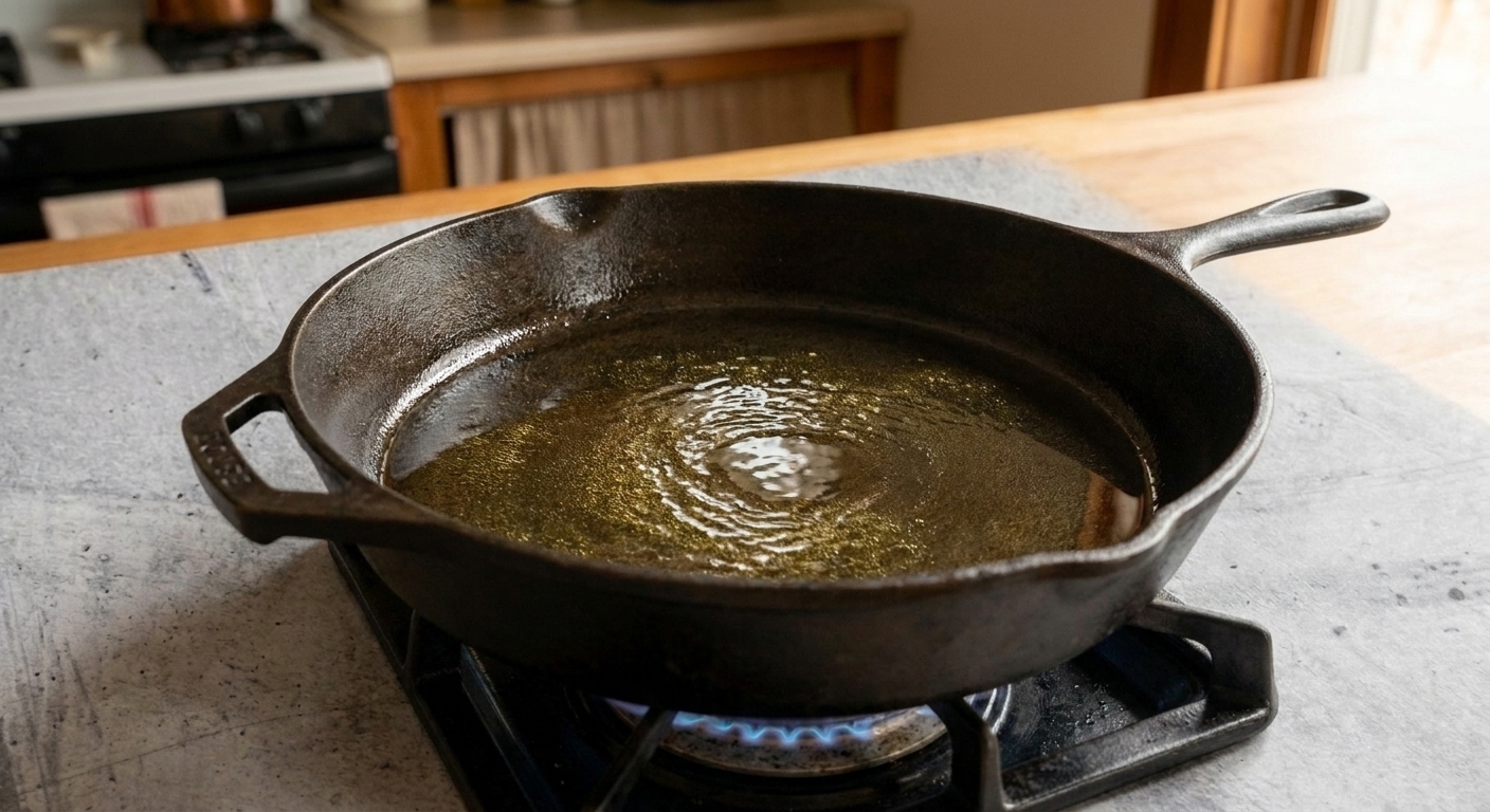 A cast iron skillet with a shallow layer of oil shimmering on a stovetop burner