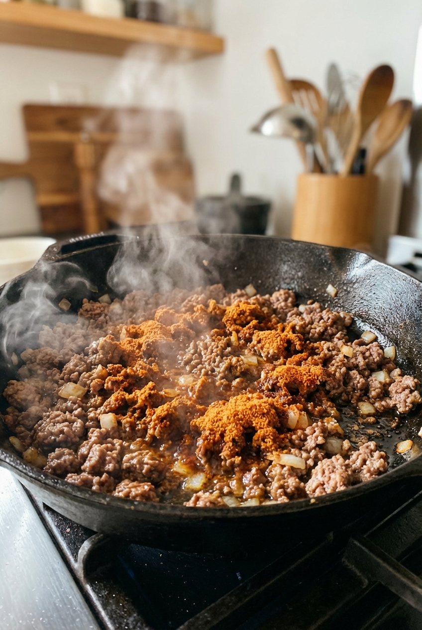 A cast iron skillet with browned ground meat and a sprinkle of taco seasoning blooming in the pan with steam rising