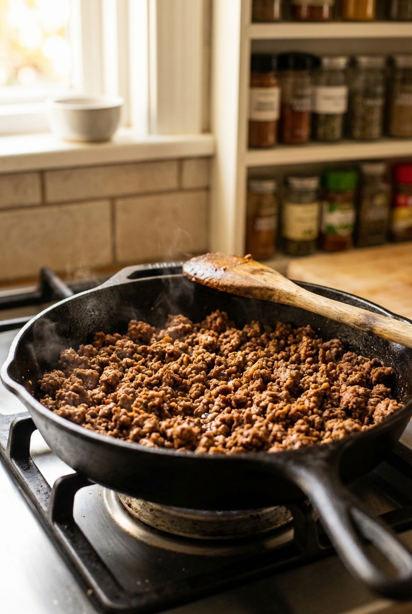A cast iron skillet with browned taco meat and a wooden spoon resting on the edge
