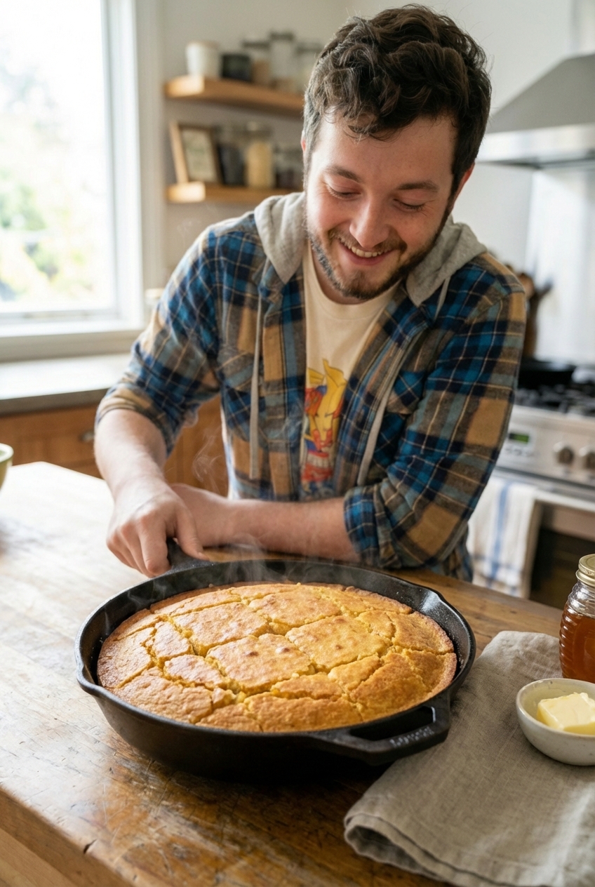 A cast iron skillet with cornbread sliced into squares