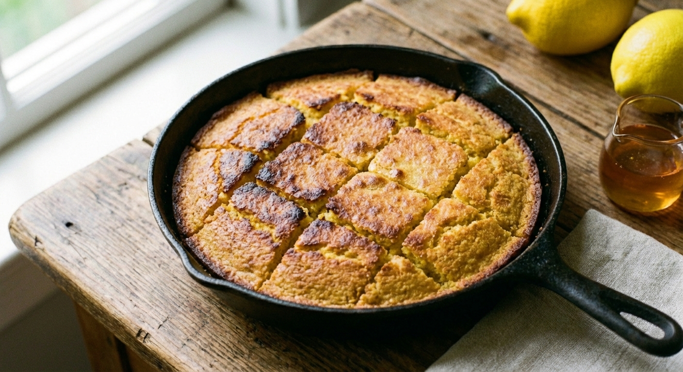 A cast iron skillet with cornbread squares and crisp golden edges