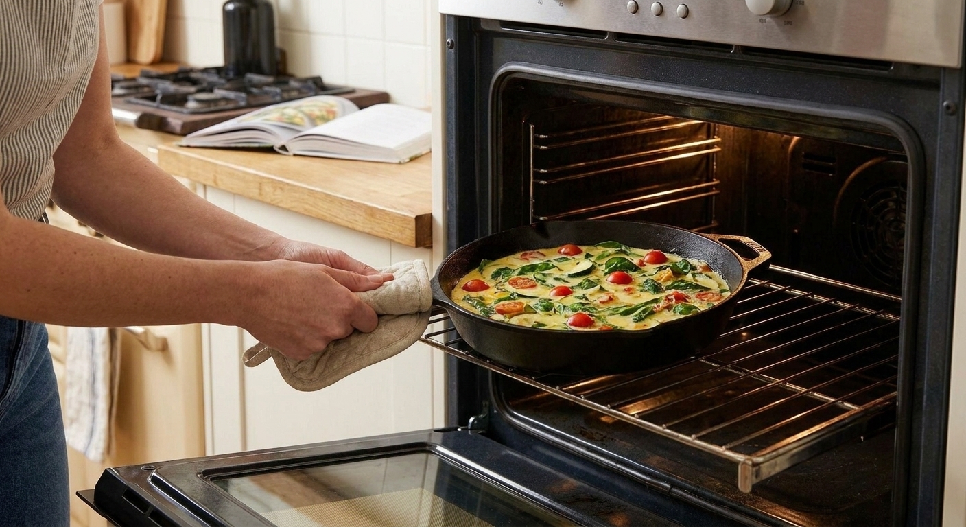 A cast iron skillet with frittata mixture being placed into an oven