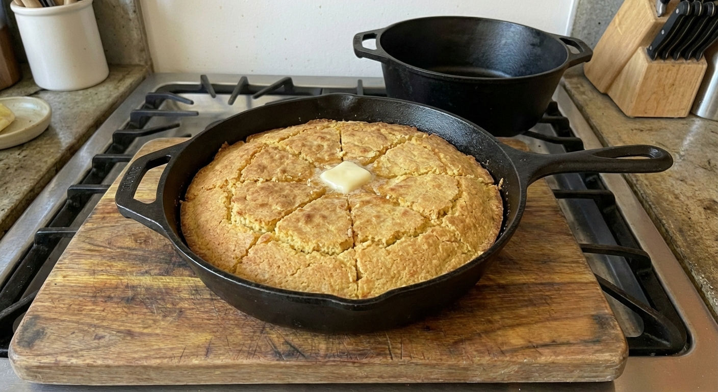 A cast iron skillet with golden cornbread cut into wedges