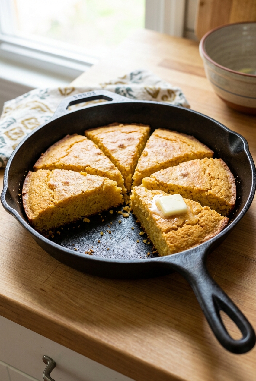 A cast iron skillet with golden cornbread wedges
