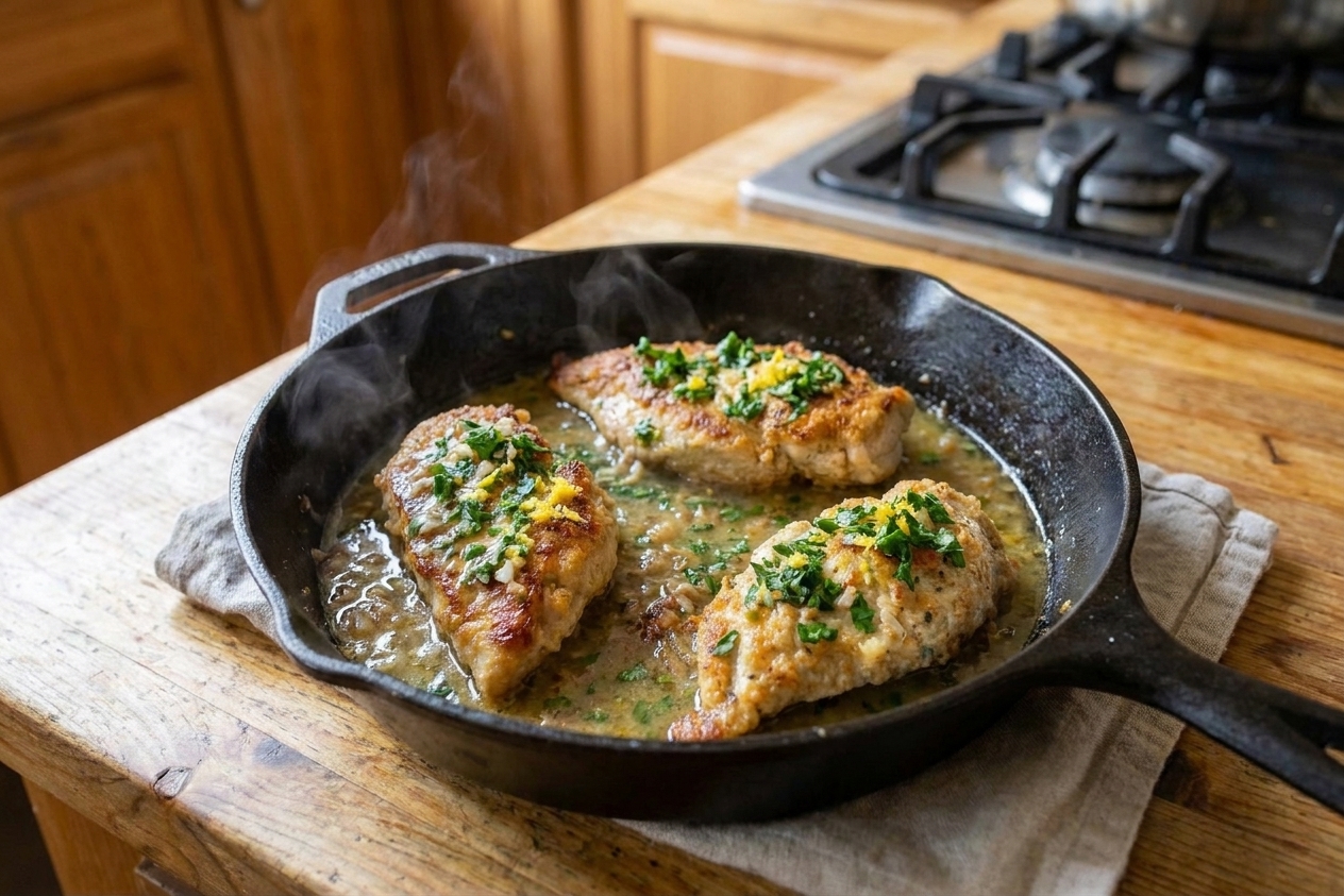 A cast iron skillet with golden seared chicken cutlets nestled in a glossy lemon butter pan sauce with chopped parsley on a warm-toned kitchen counter