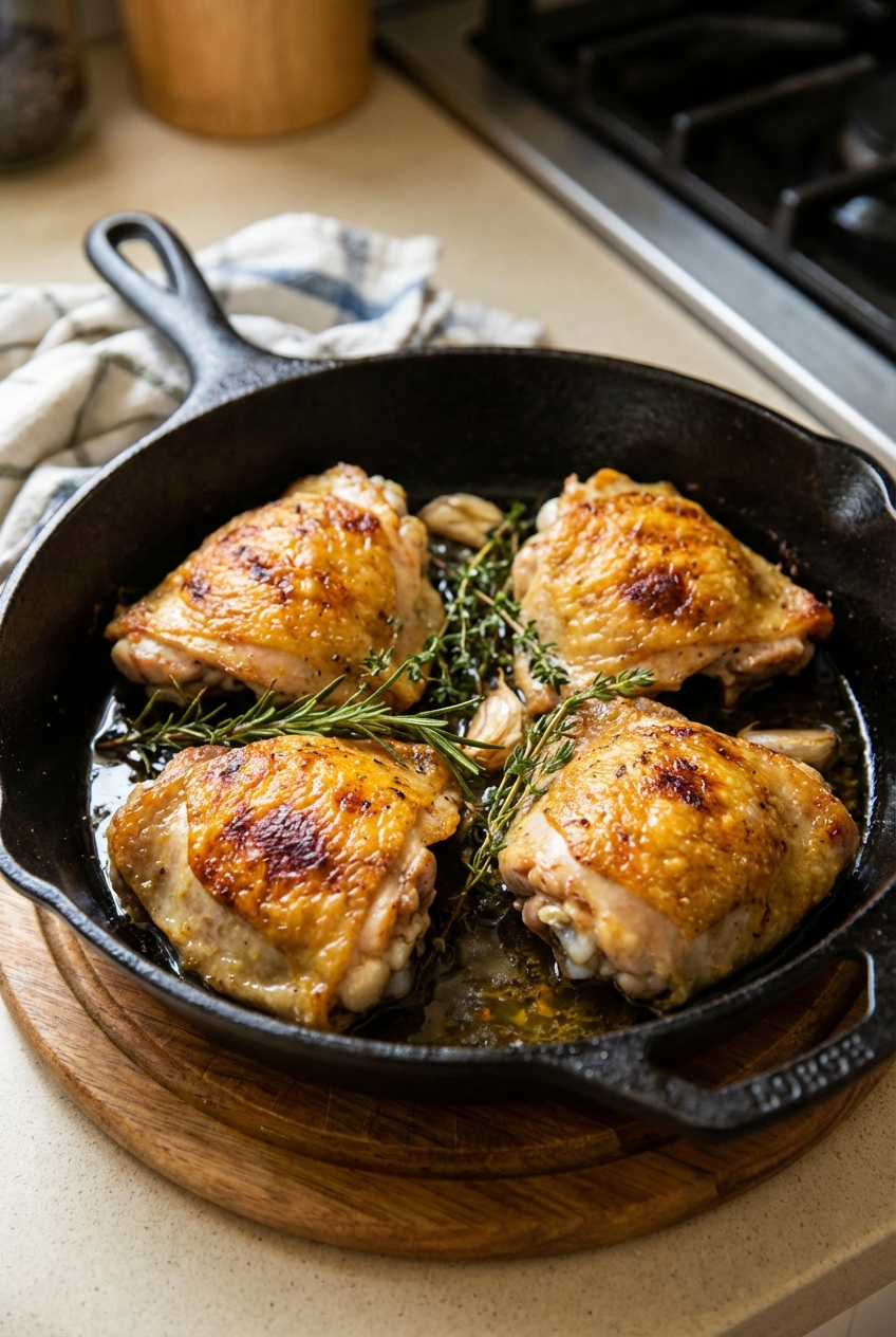 A cast iron skillet with roasted chicken thighs and crispy skin