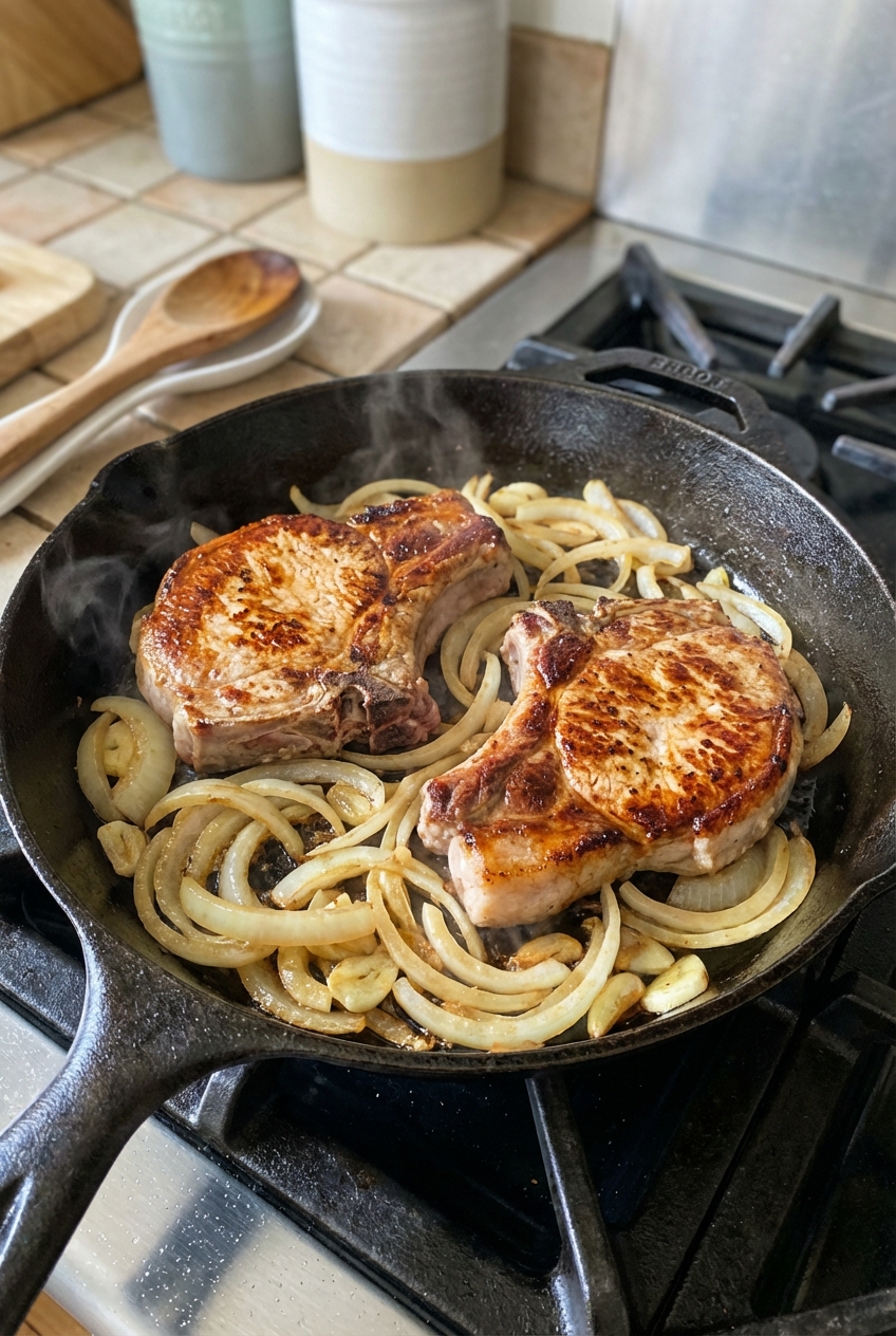 A cast iron skillet with seared pork chops and sliced onions beginning to soften