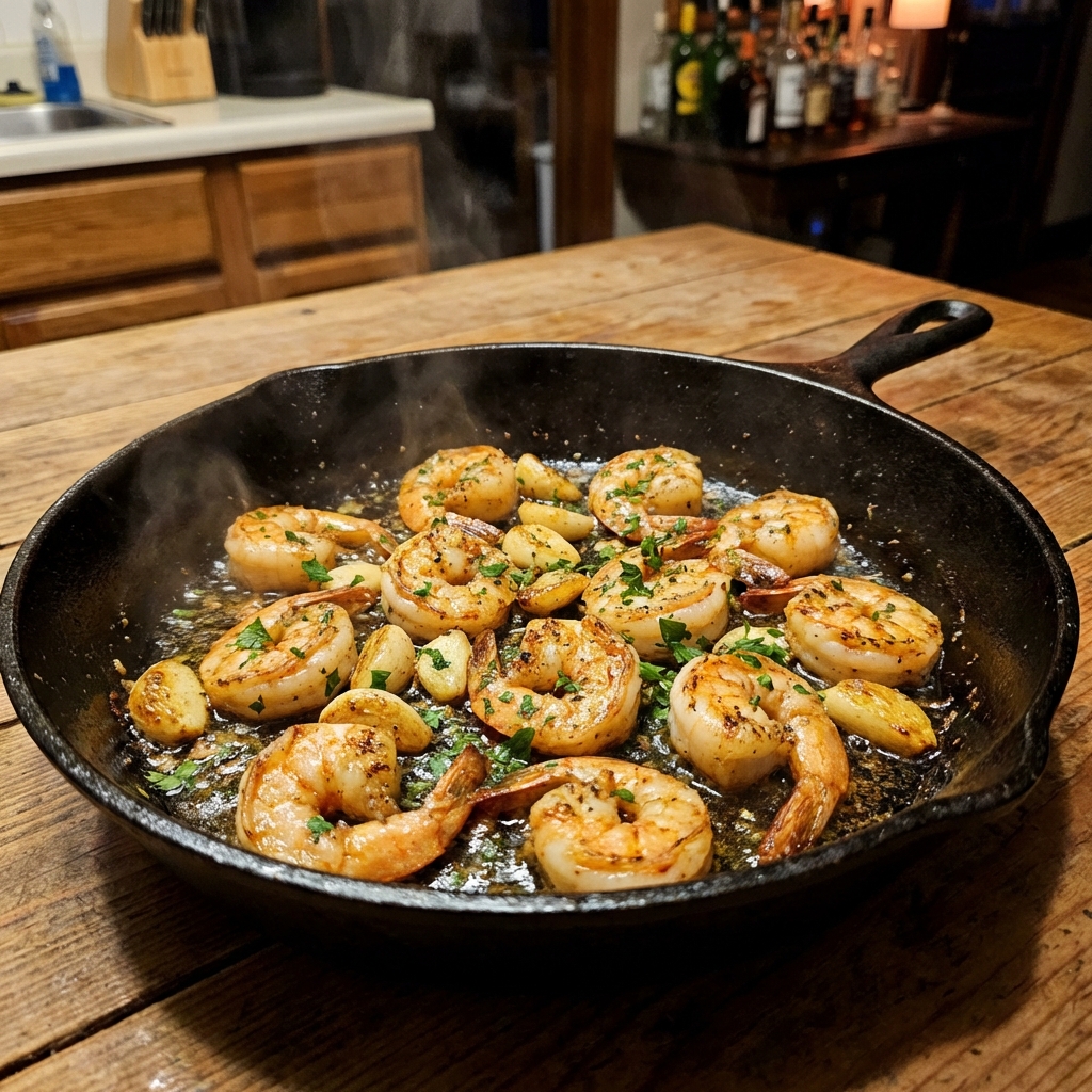 A cast iron skillet with seared shrimp and garlic