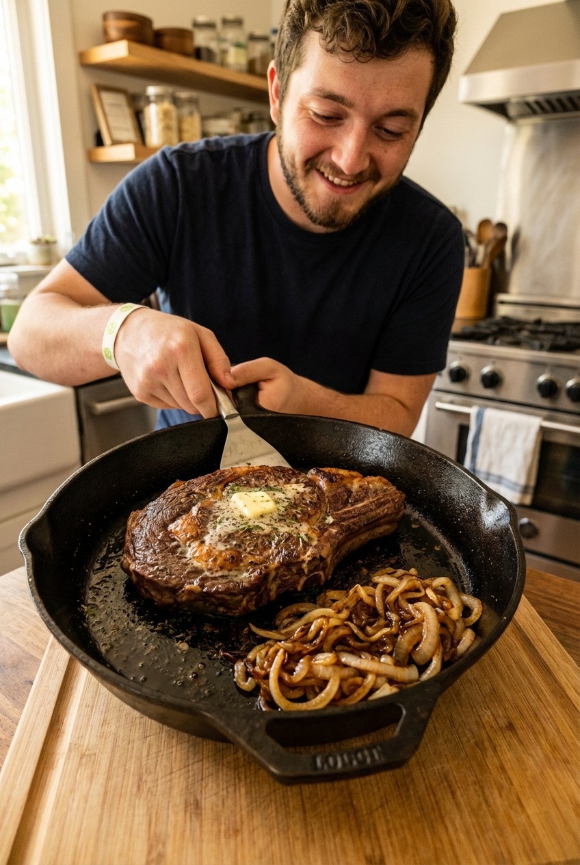 A cast iron skillet with seared steak resting and caramelized onions on the side