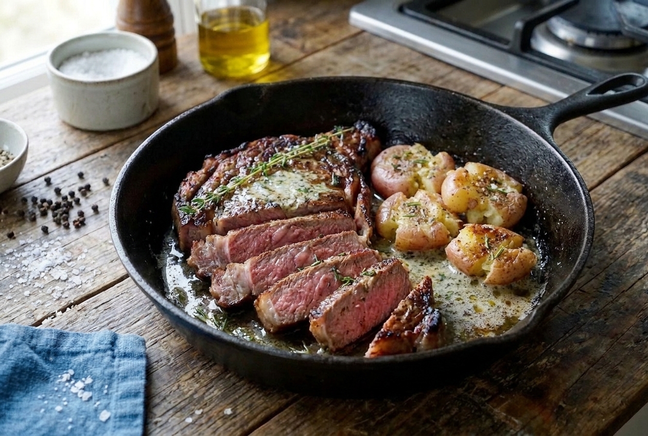 A cast iron skillet with sliced medium-rare steak fanned out beside crispy smashed potatoes, with melted garlic herb butter pooling in the pan on a warm kitchen counter