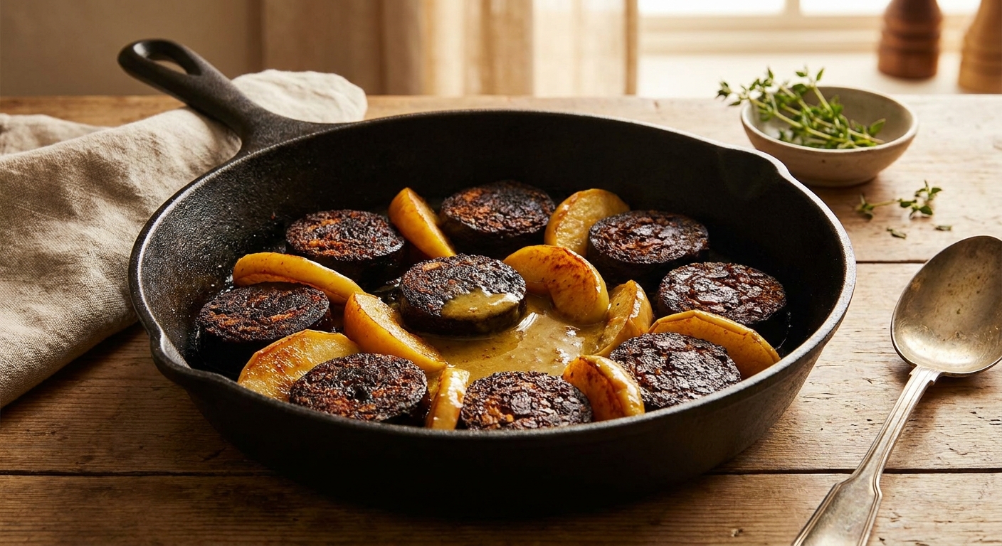 A cast iron skillet with thick slices of black pudding browned until crisp at the edges, sautéed apple slices, and a small pool of glossy mustard butter sauce in warm kitchen lighting