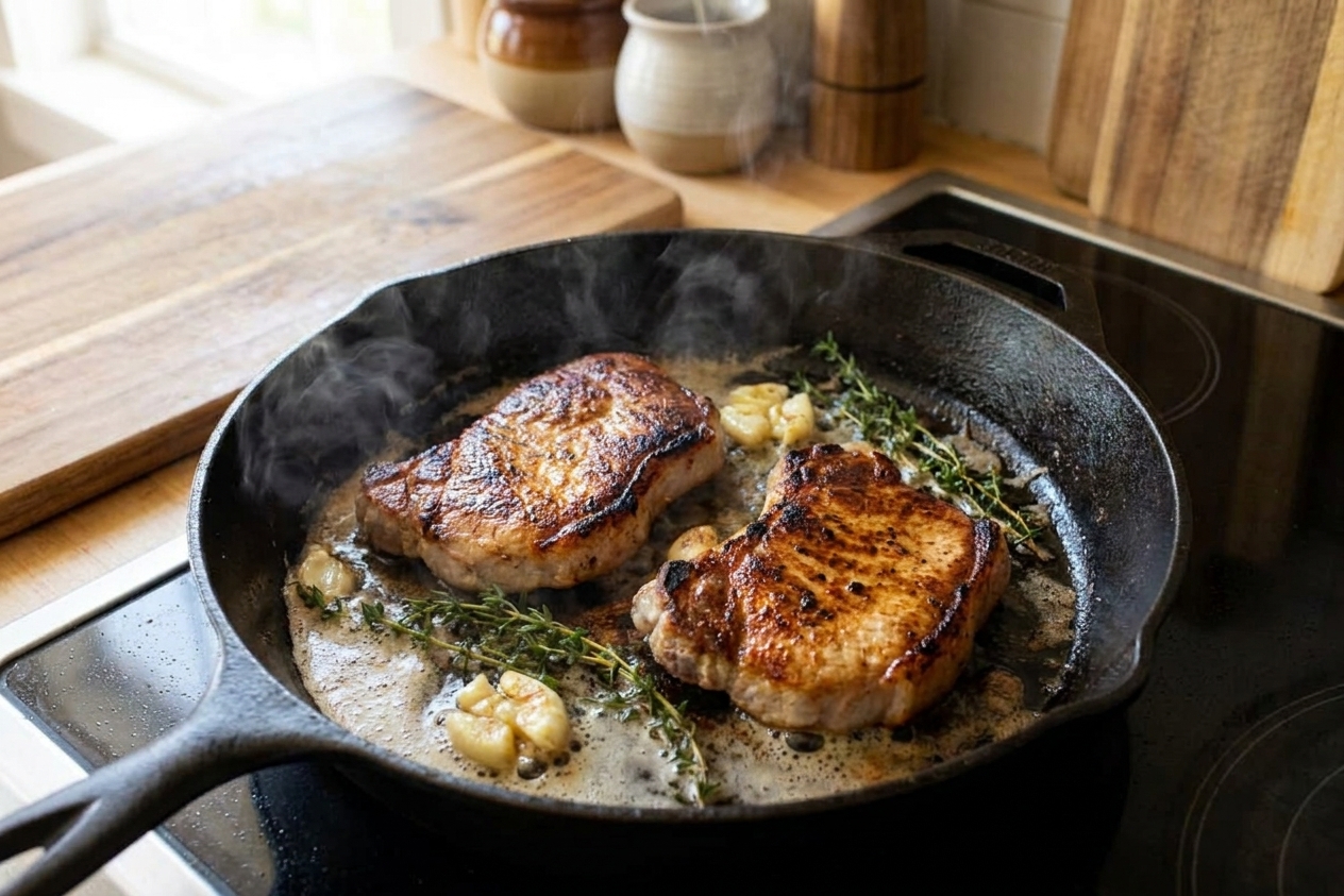 A cast iron skillet with two boneless pork loin chops seared golden brown, sizzling in butter with garlic and thyme on a warm home kitchen stove