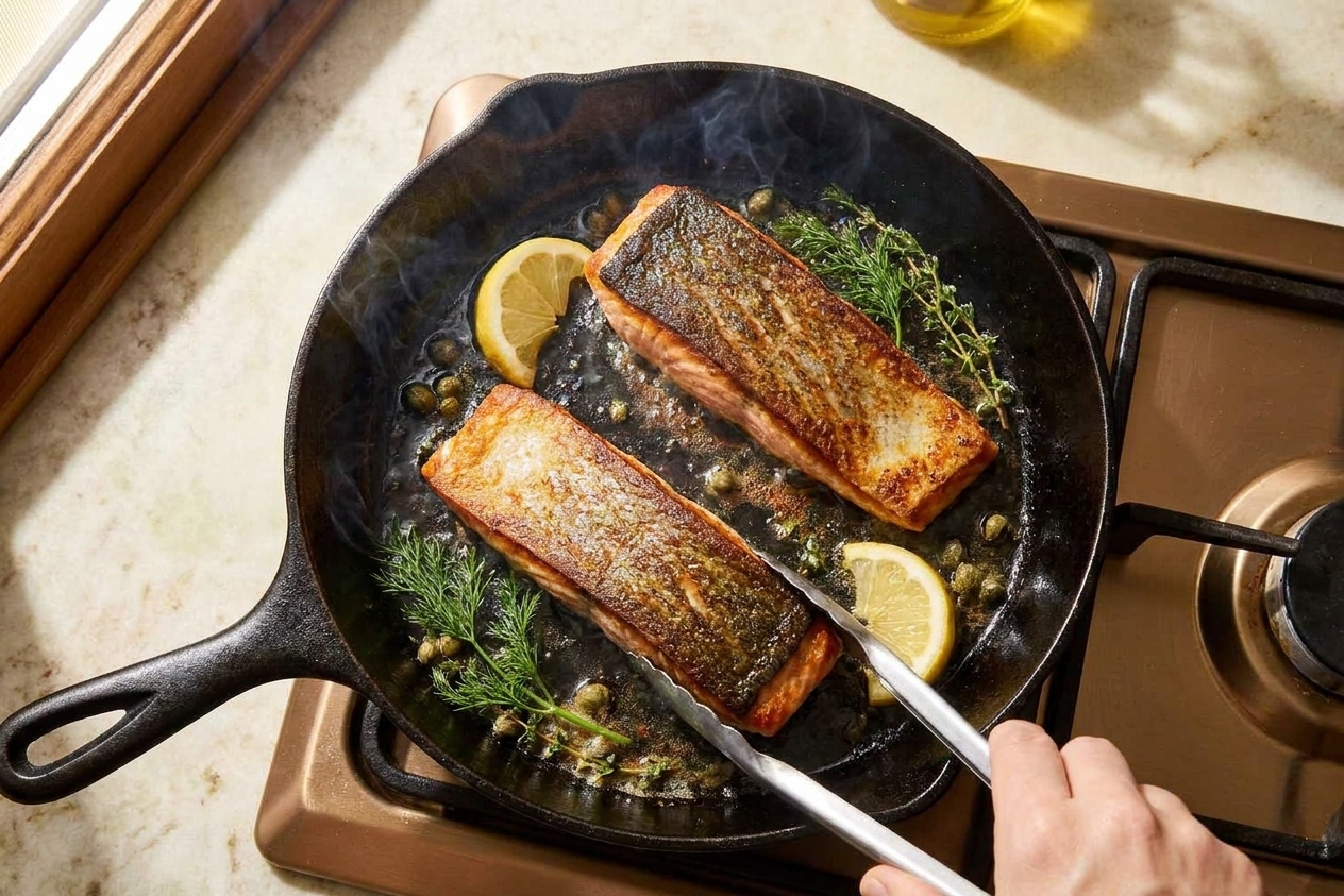 A cast iron skillet with two salmon fillets searing skin-side down, the skin deeply golden and crisp, with lemon wedges and herbs nearby on a warm kitchen stove