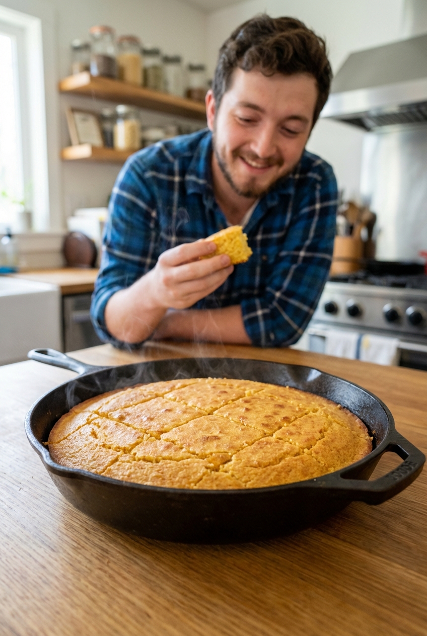 A cast iron skillet with warm cornbread cut into squares