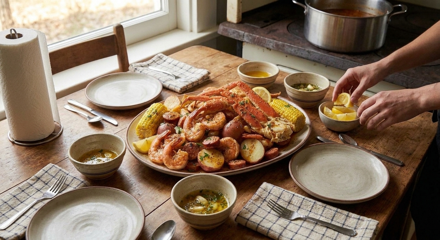 A casual dinner table set with a large tray of Cajun seafood boil, small bowls of butter sauce, lemon wedges, and simple place settings under warm kitchen lighting