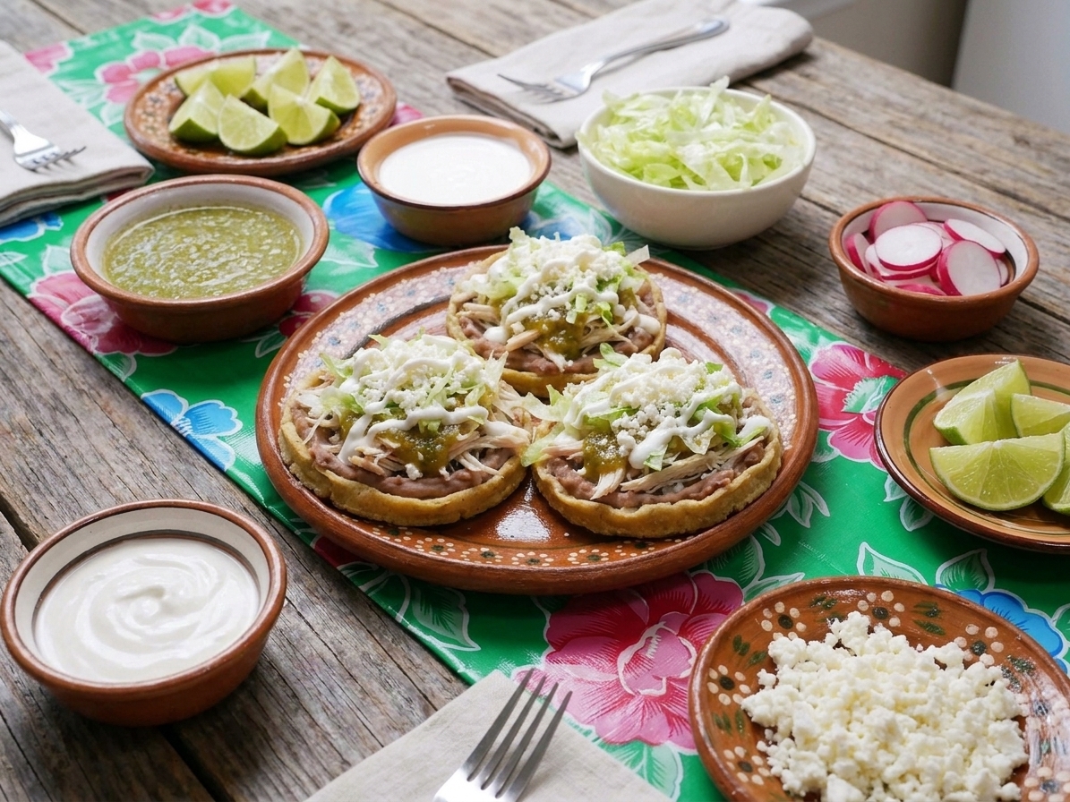 A casual dinner table set with a platter of chicken sopes and small bowls of toppings like salsa verde, crema, lettuce, radishes, and lime wedges