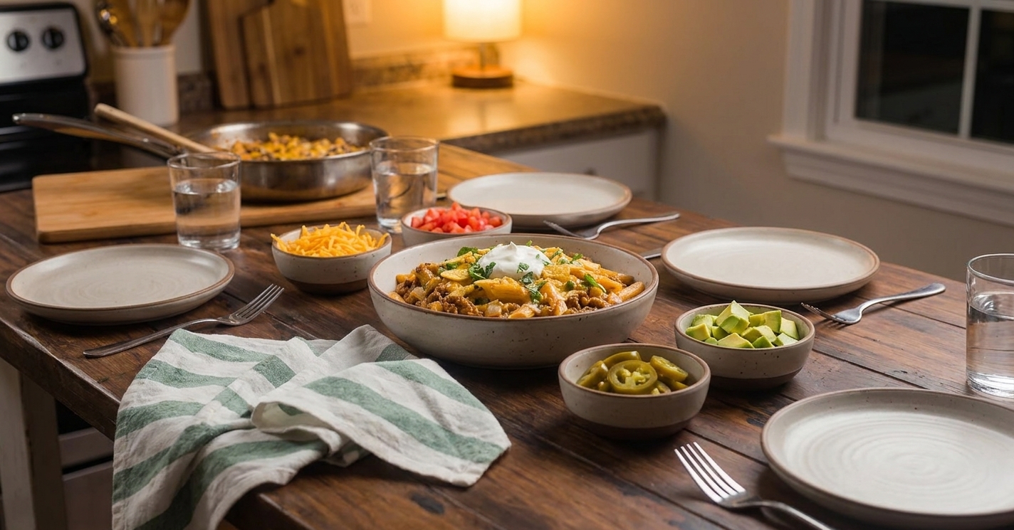A casual dinner table set with bowls of taco pasta and small topping bowls, warm home kitchen lighting