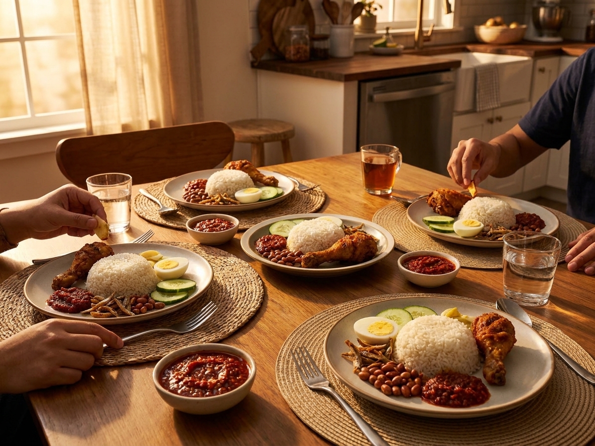 A casual dinner table set with four plates of nasi lemak, small bowls of extra sambal, and a simple family-style setup in warm evening light