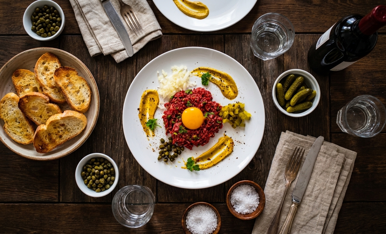A casual dinner table set with plates of steak tartare, toasted baguette, small bowls of capers and cornichons, and simple glassware in warm evening light