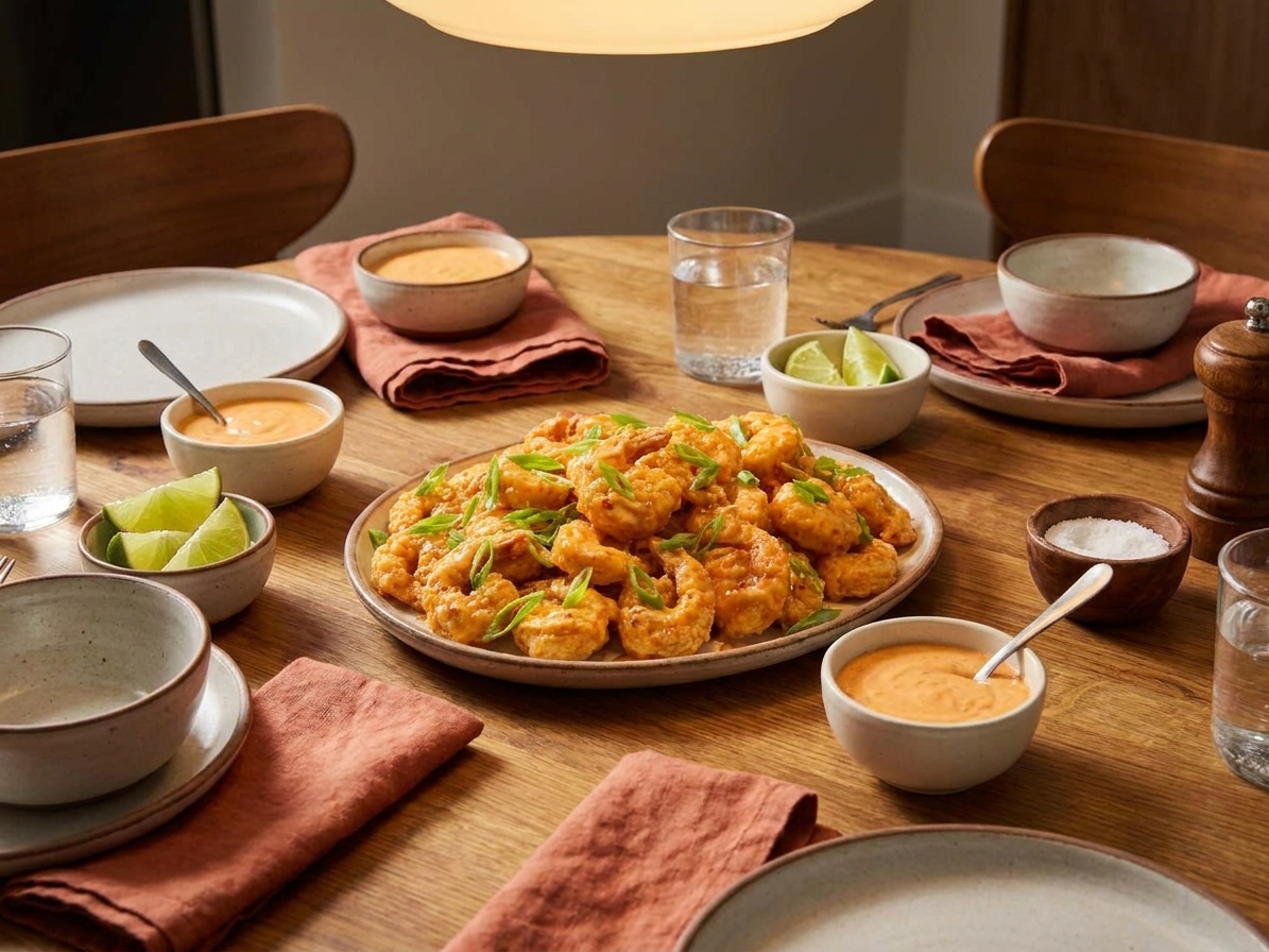 A casual dinner table setting with a platter of Bang Bang shrimp, small bowls of extra sauce, lime wedges, and simple napkins under warm indoor lighting