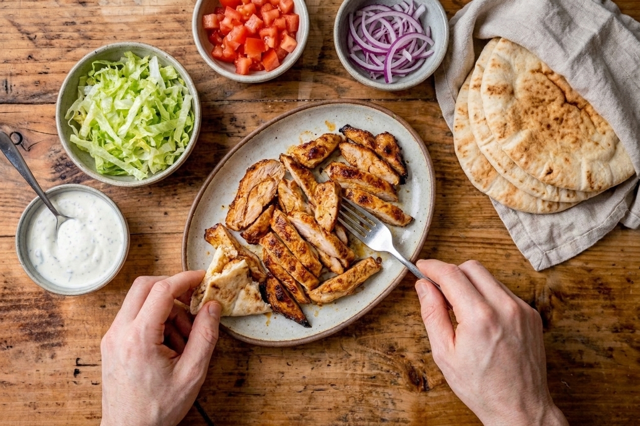 A casual dinner table setting with a platter of chicken doner, bowls of toppings, warm pita, and a small bowl of yogurt sauce