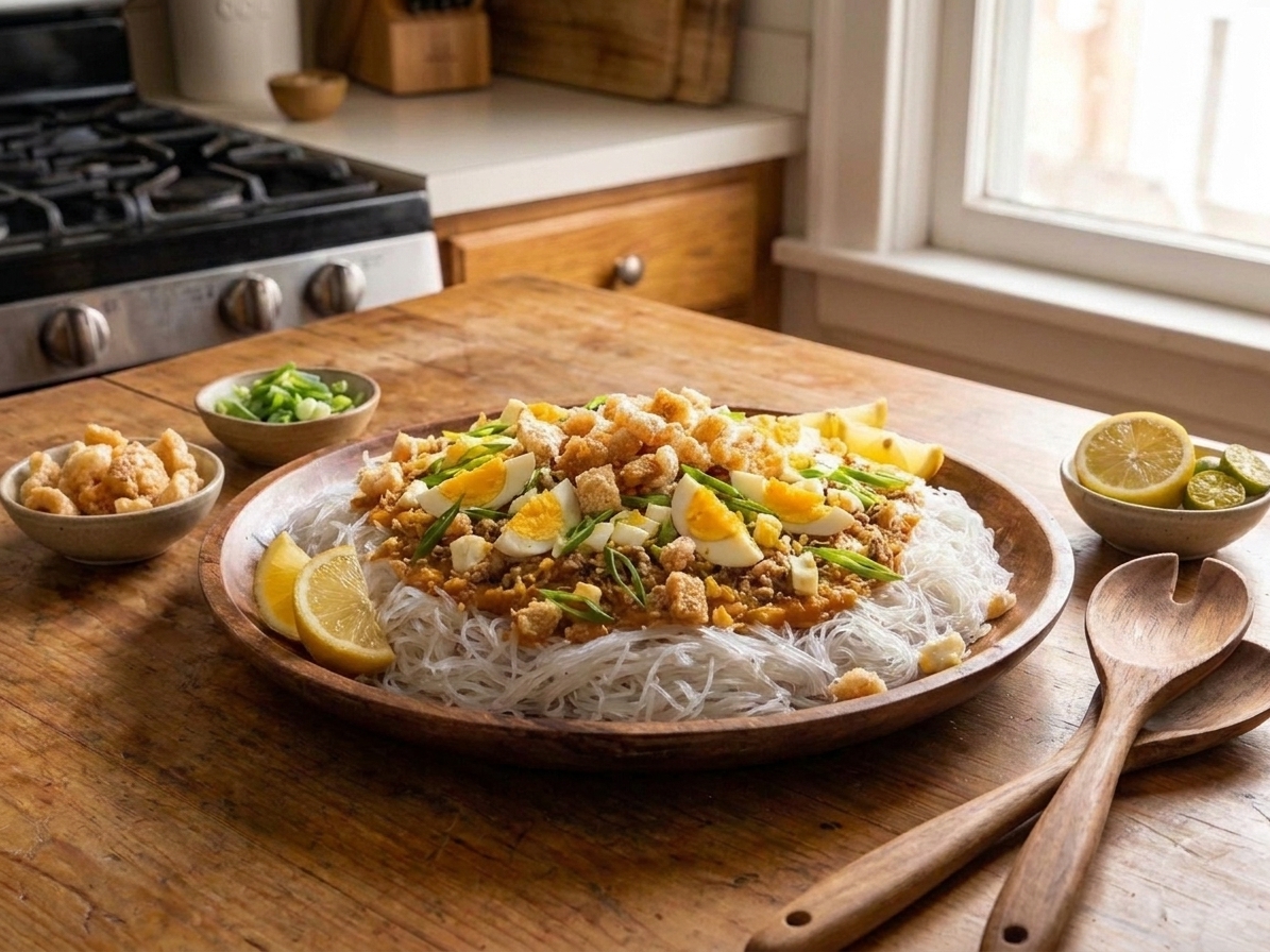 A casual dinner table setting with a platter of palabok in the center, small bowls of toppings, citrus wedges, and serving spoons ready for sharing