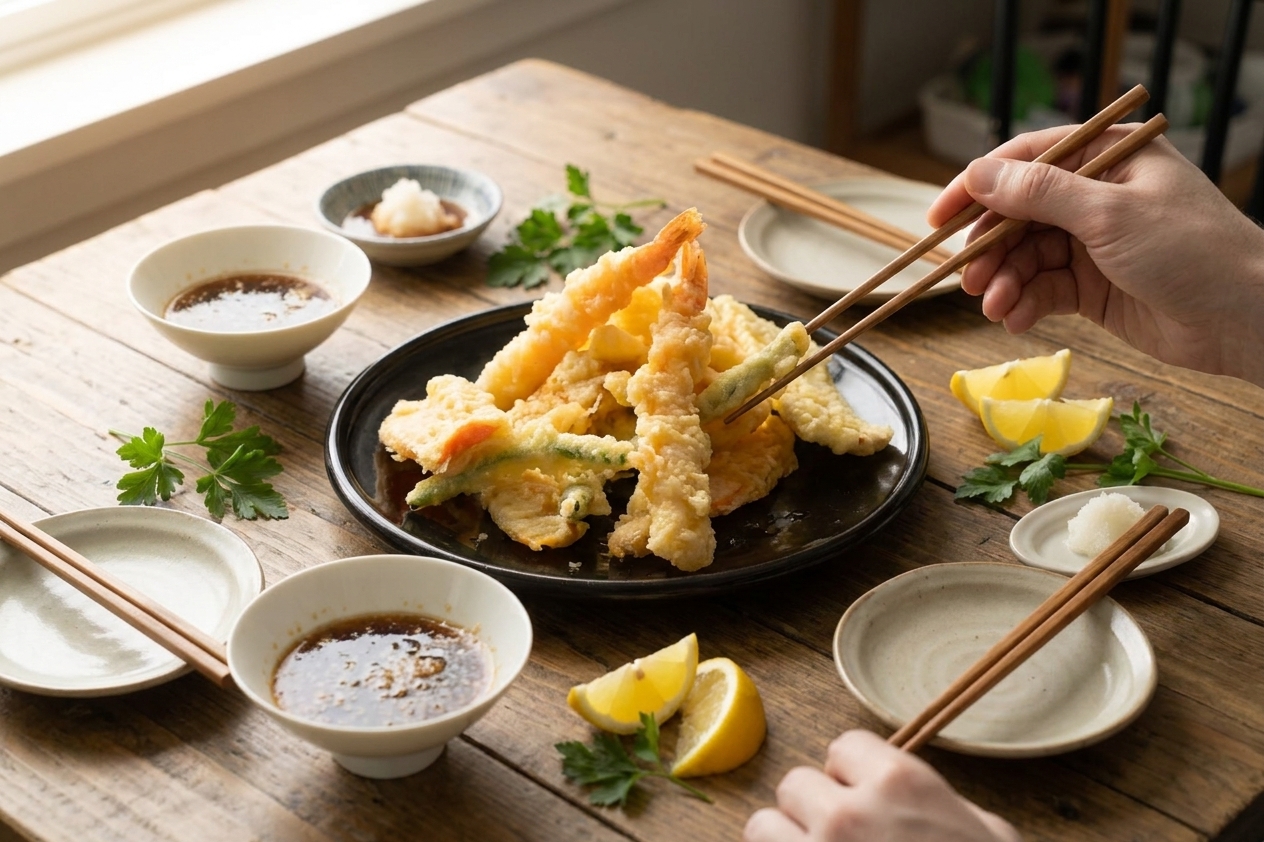 A casual dinner table setting with a platter of shrimp tempura, small dipping bowls, chopsticks, and lemon wedges under warm light