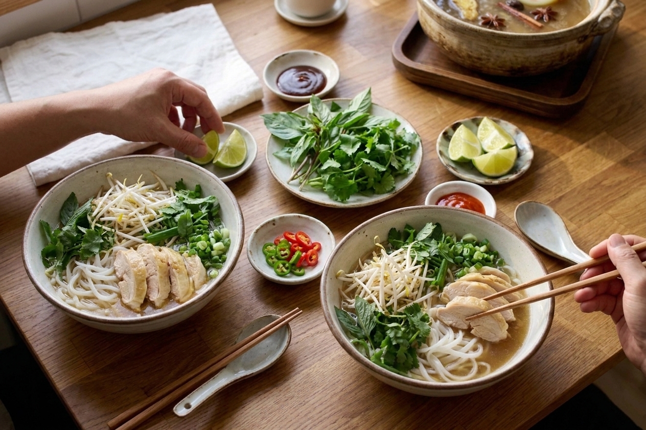 A casual dinner table setting with bowls of chicken pho and small plates of herbs, lime wedges, sliced chiles, and sauces for topping