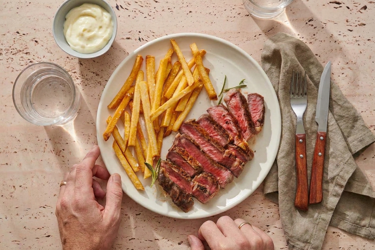 A casual dinner table setting with steak frites, a small bowl of sauce, and a simple glass of water in warm evening light