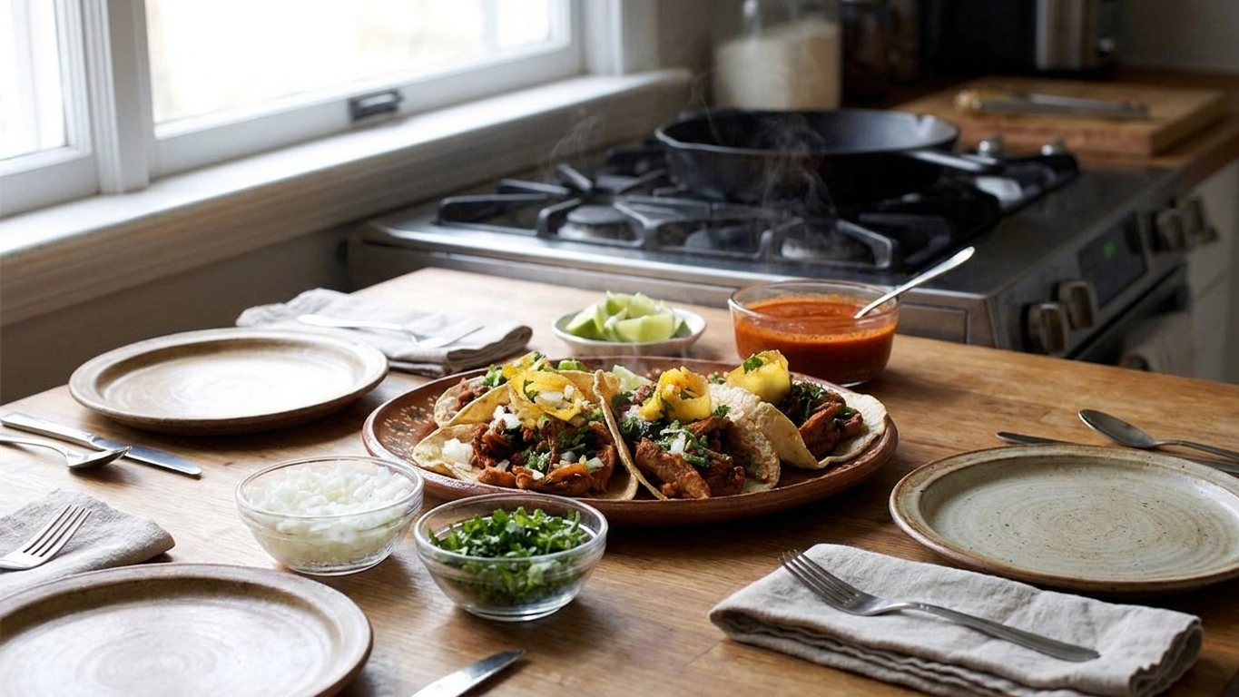A casual dinner table with a platter of tacos al pastor, bowls of onion and cilantro, salsa, and lime wedges set out for serving in warm indoor light