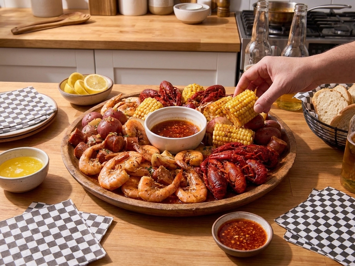 A casual dinner table with a seafood boil spread, small bowls of sauce, lemon wedges, and napkins in a warm home kitchen setting