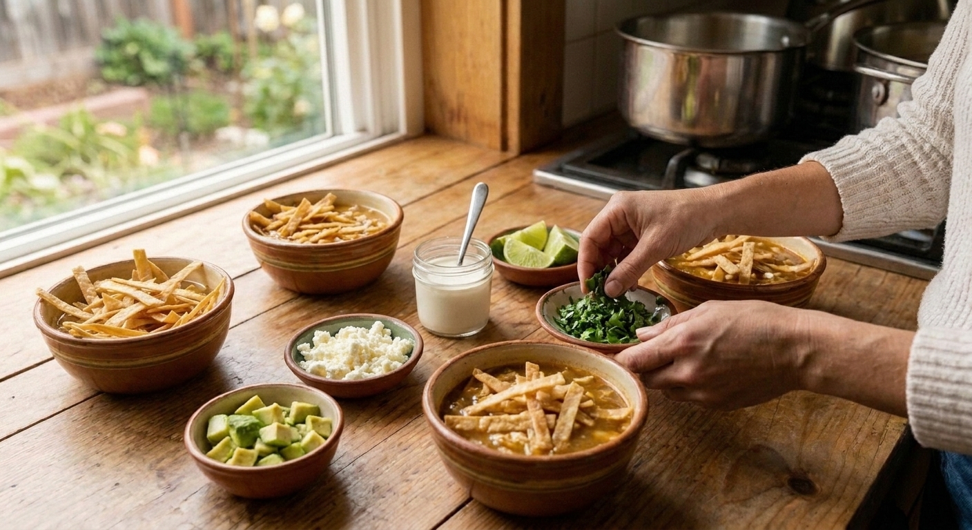 A casual dinner table with bowls of tortilla soup and small dishes of avocado, queso fresco, crema, cilantro, and lime wedges ready for topping