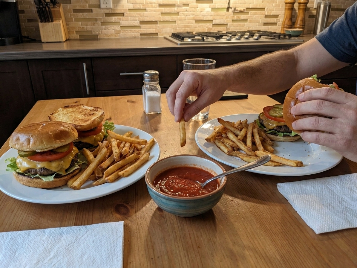 A casual dinner table with burgers, fries, and a small bowl of homemade ketchup for dipping