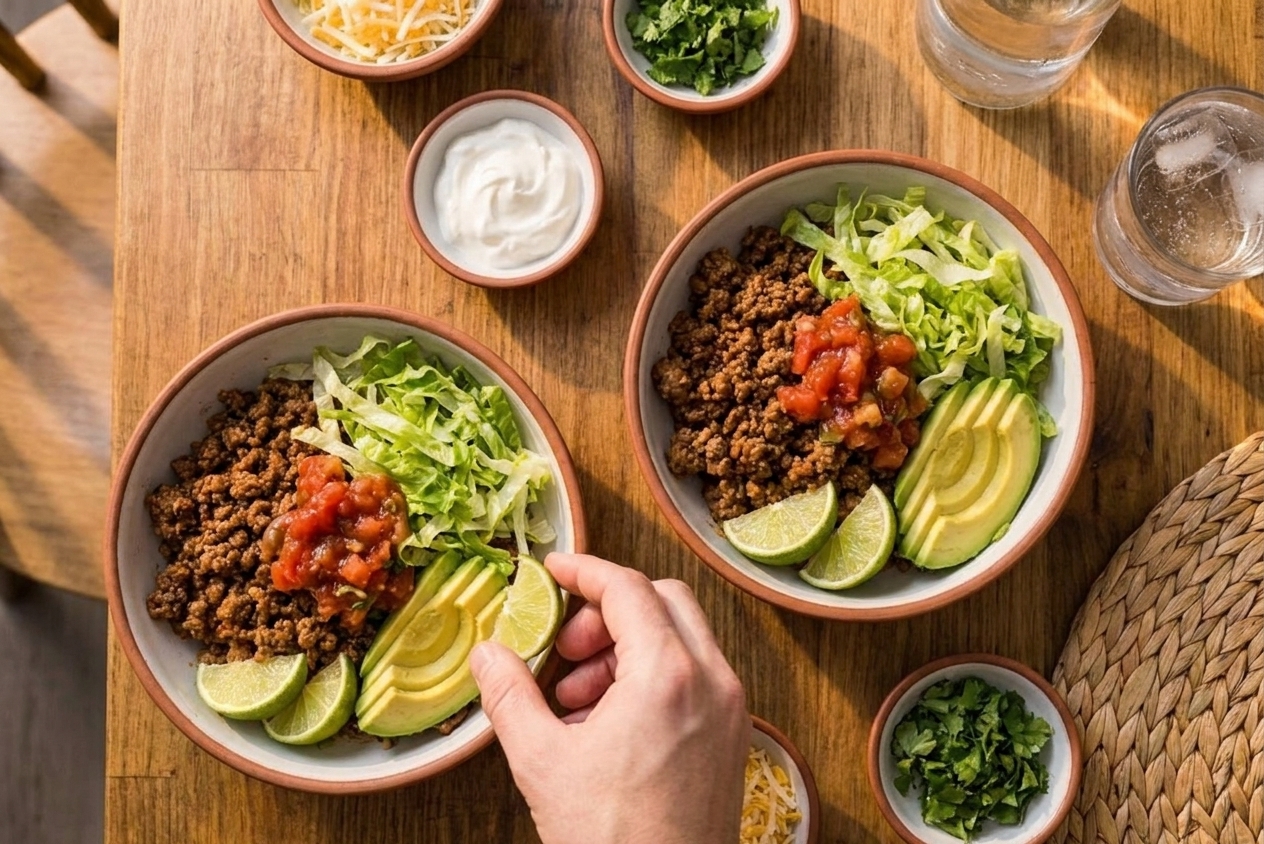 A casual dinner table with taco bowls topped with seasoned meat, shredded lettuce, salsa, avocado, and lime wedges in warm evening light