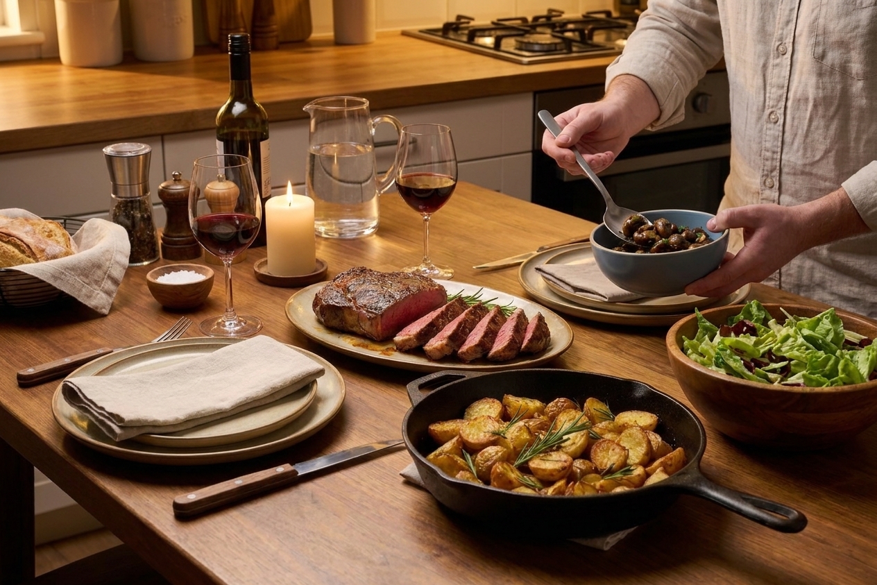 A casual family dinner table with steak and side dishes being served in warm evening light