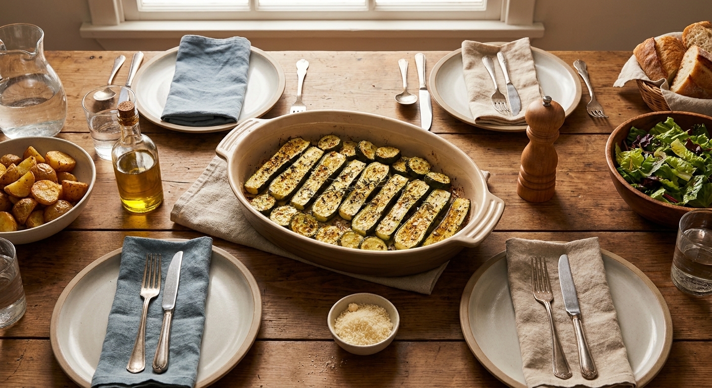 A casual family-style dinner table setting with baked zucchini in a serving dish alongside plates and simple weeknight mains, warm overhead lighting