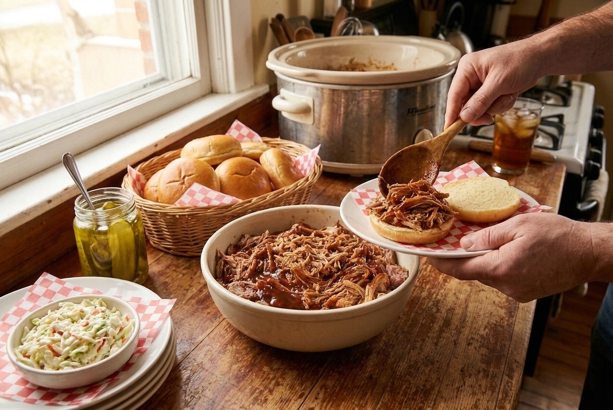 A casual family-style table setting with a bowl of pulled pork, buns, coleslaw, pickles, and plates ready for serving