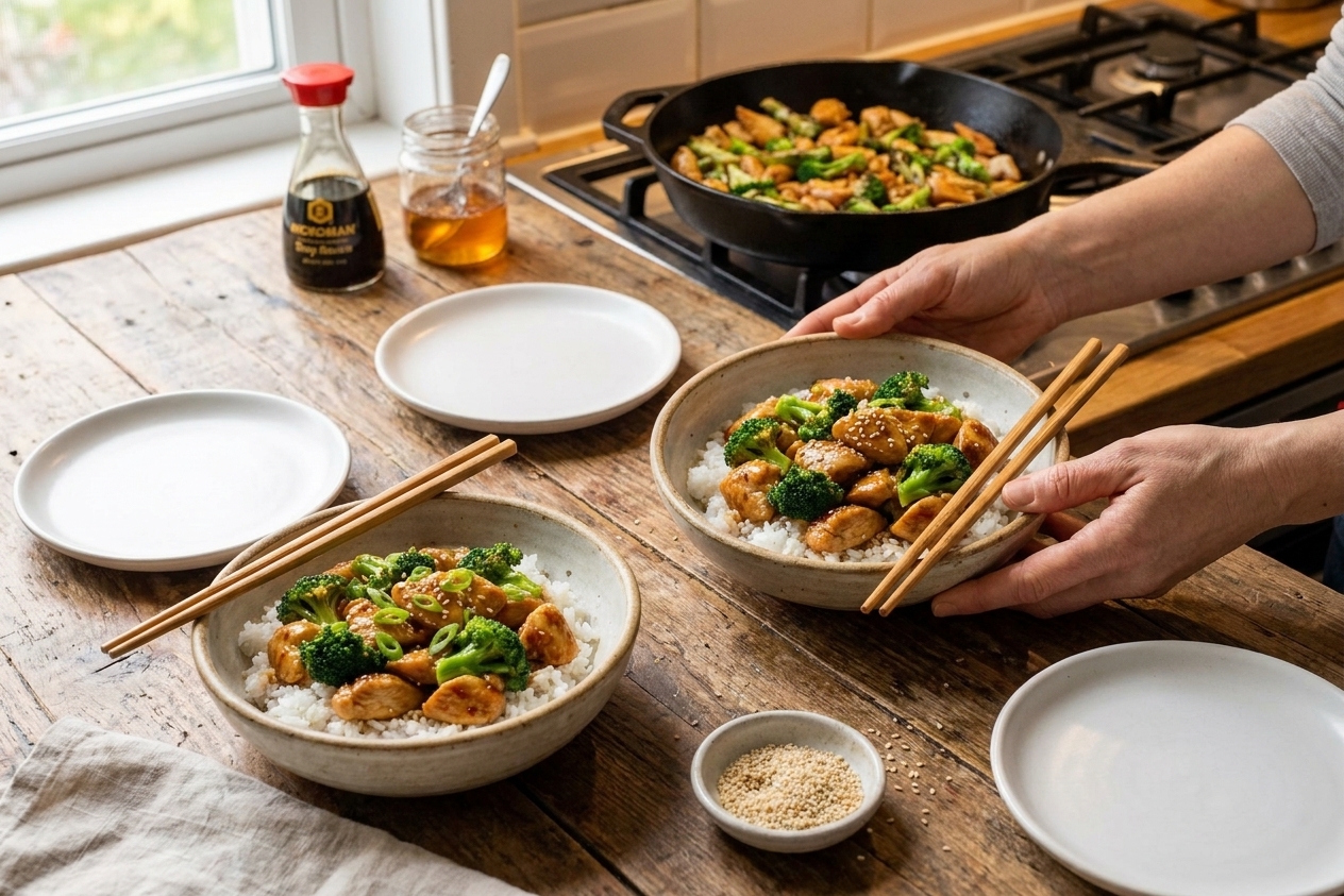 A casual family-style table setting with two chicken and broccoli rice bowls, chopsticks, and simple plates