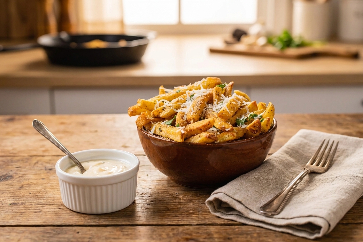 A casual table setting with a bowl of truffle Parmesan fries, a small ramekin of garlic aioli, and a napkin on a wooden table under warm light