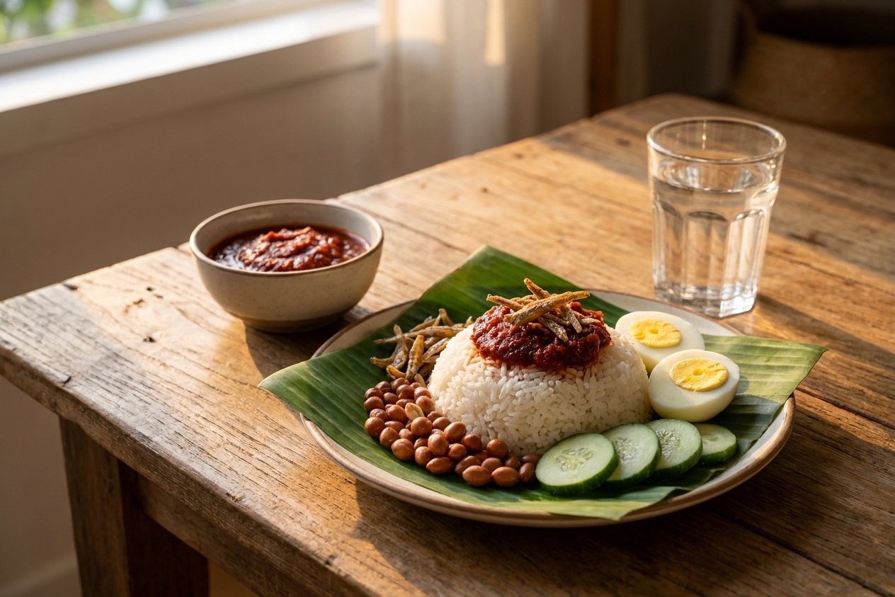 A casual table setting with a plate of nasi lemak, a small bowl of sambal, and a glass of water on a wooden table in warm evening light