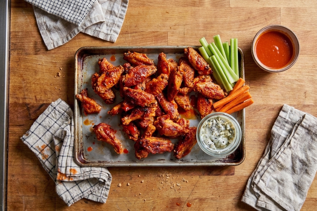 A casual table setting with a platter of Buffalo wings, celery and carrot sticks, small bowls of dipping sauce, and napkins
