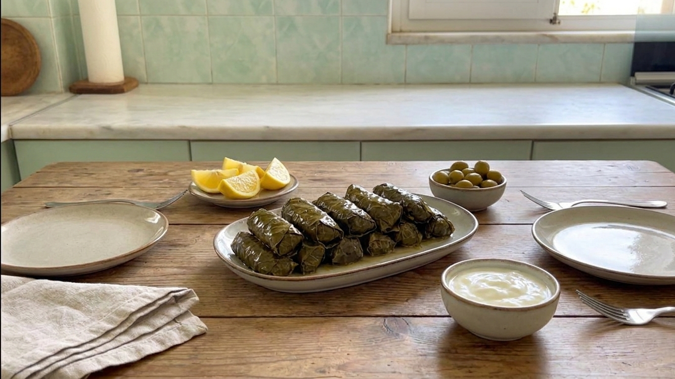 A casual table setting with a platter of stuffed grape leaves, lemon wedges, and small bowls of yogurt and olives ready for serving