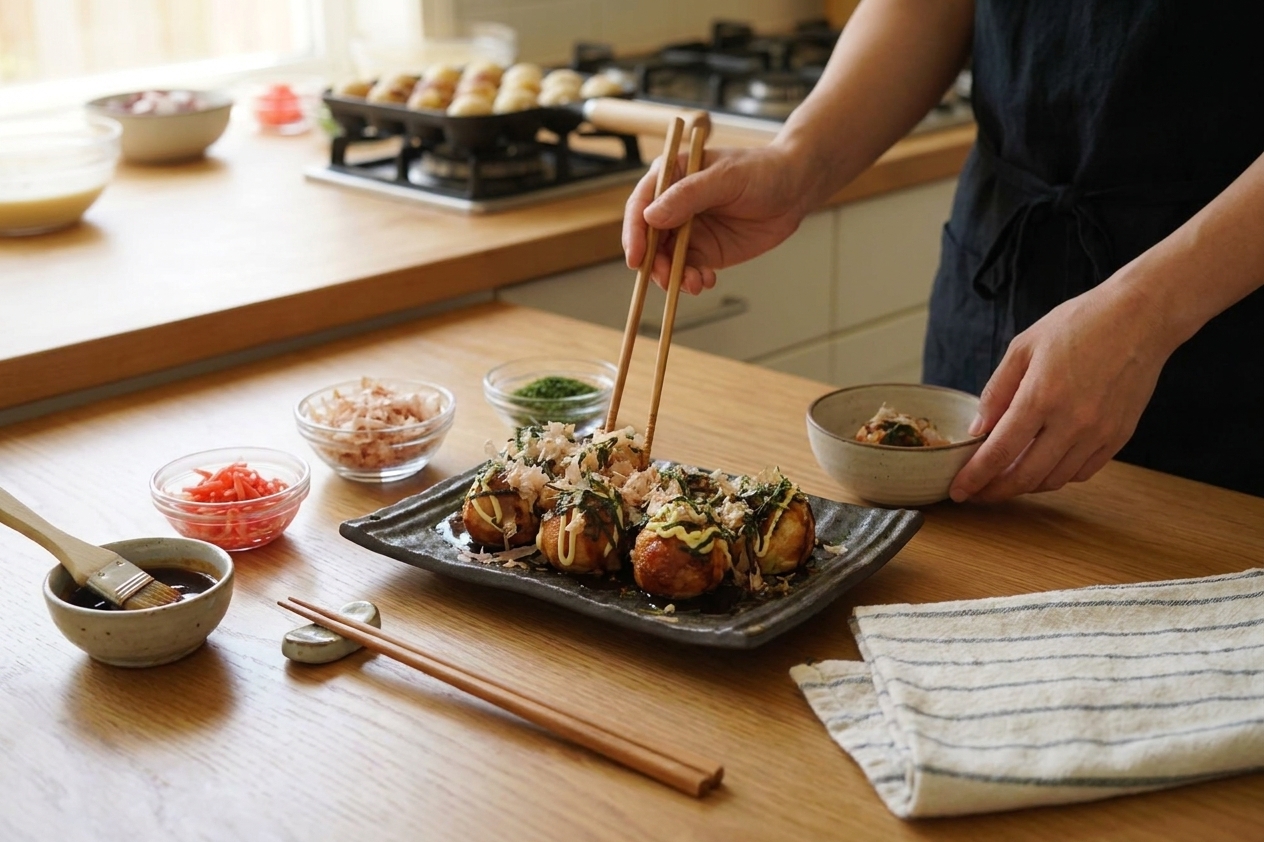 A casual table setting with a platter of takoyaki, small bowls of toppings, and chopsticks ready for serving