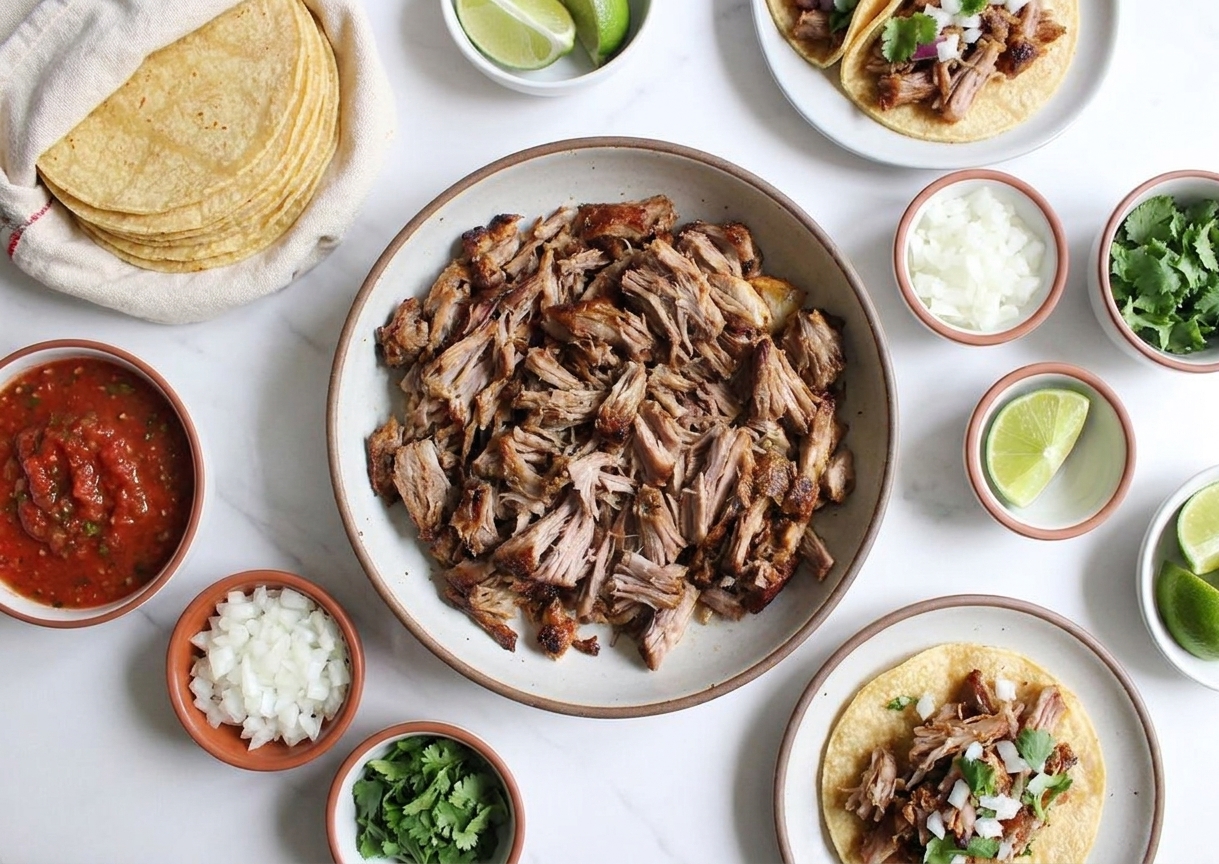 A casual taco dinner setup with a bowl of carnitas, warm tortillas, salsa, chopped onions, and cilantro on a dining table