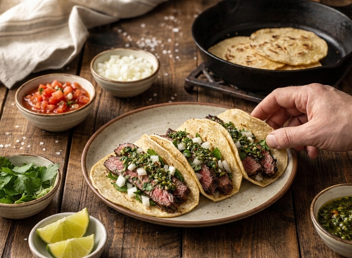 A casual taco night table with a plate of steak tacos and small bowls of salsa, onions, cilantro, and lime wedges