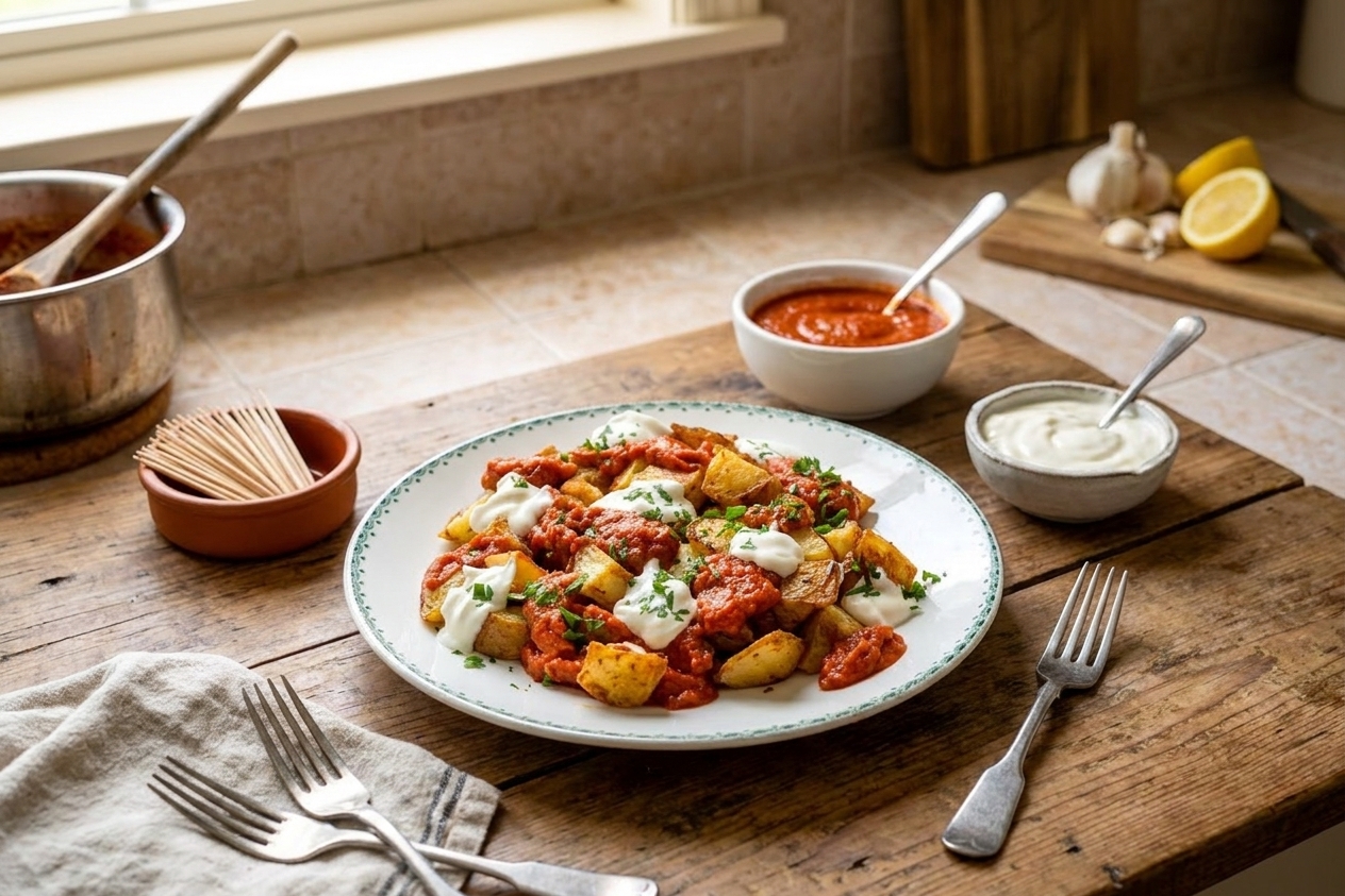 A casual tapas-style table setting with a plate of patatas bravas, small bowls of bravas sauce and aioli, and simple utensils under warm kitchen lighting